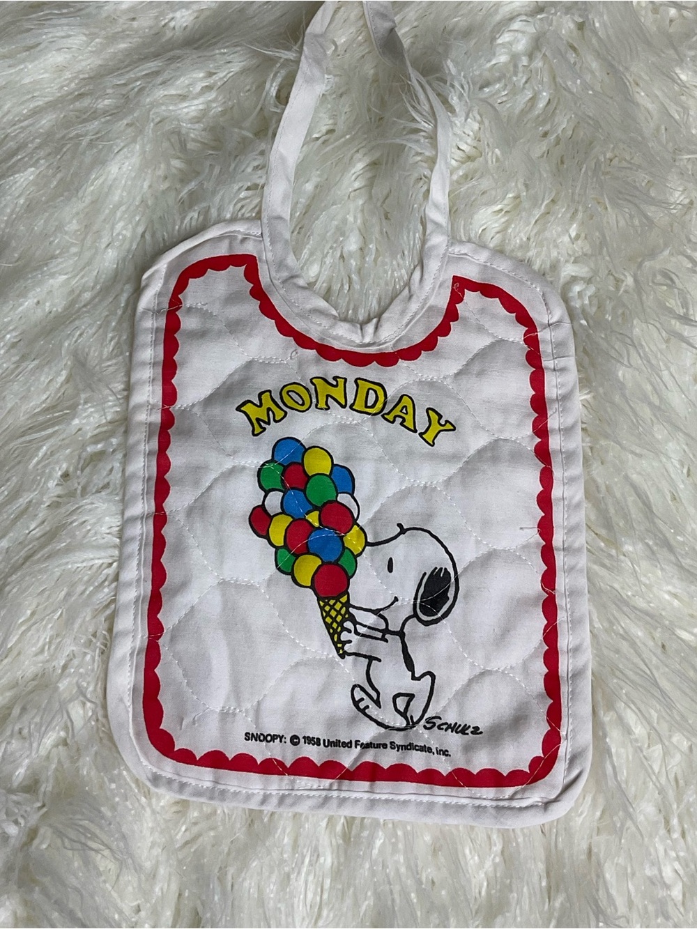 Vintage Snoopy 1958 Quilted “Monday” Baby Bib Peanuts Schulz